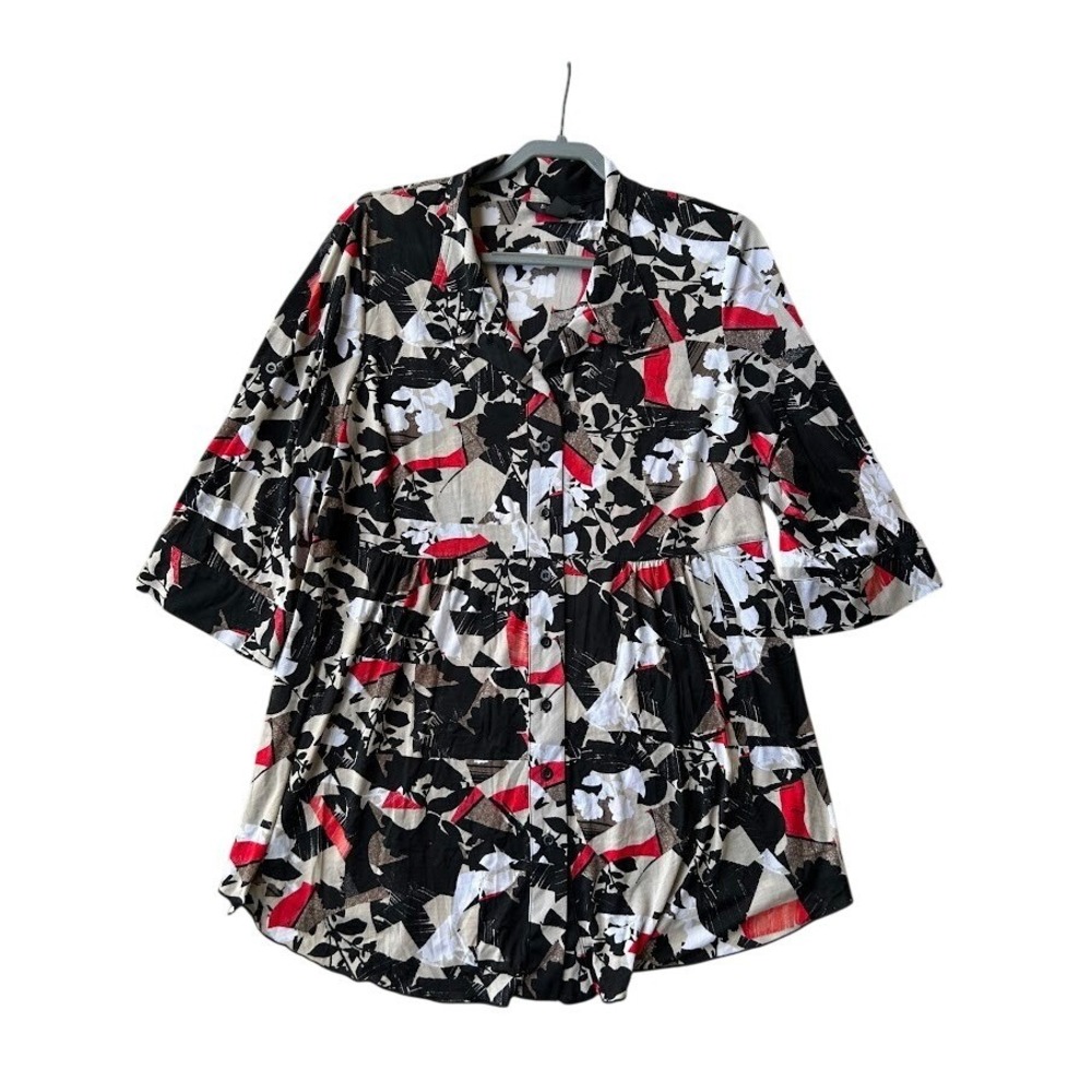 Style & Co Woman 2X Tunic Top Red Black  Floral Empire Waist Nylon 3/4 sleeve